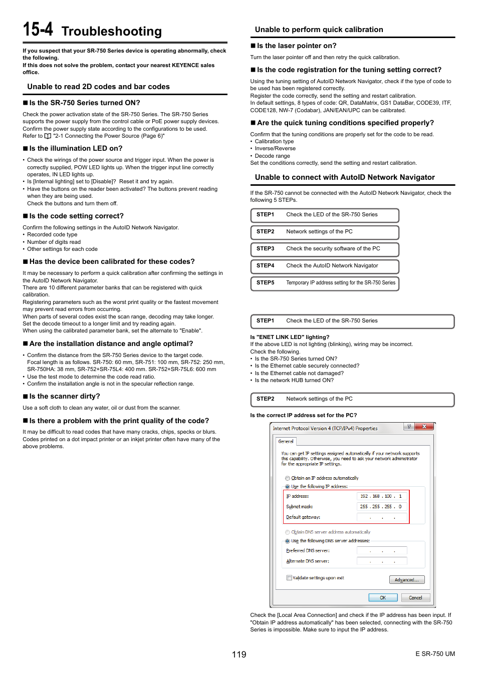 4 troubleshooting, Troubleshooting | KEYENCE SR-750 Series User Manual | Page 119 / 124