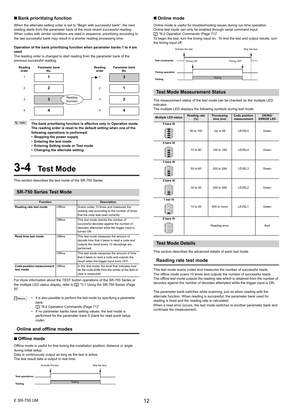 4 test mode, Sr-750 series test mode, Test mode measurement status | Test mode details, Test mode, Online and offline modes, Reading rate test mode, Bank prioritizing function, Offline mode, Online mode | KEYENCE SR-750 Series User Manual | Page 12 / 124