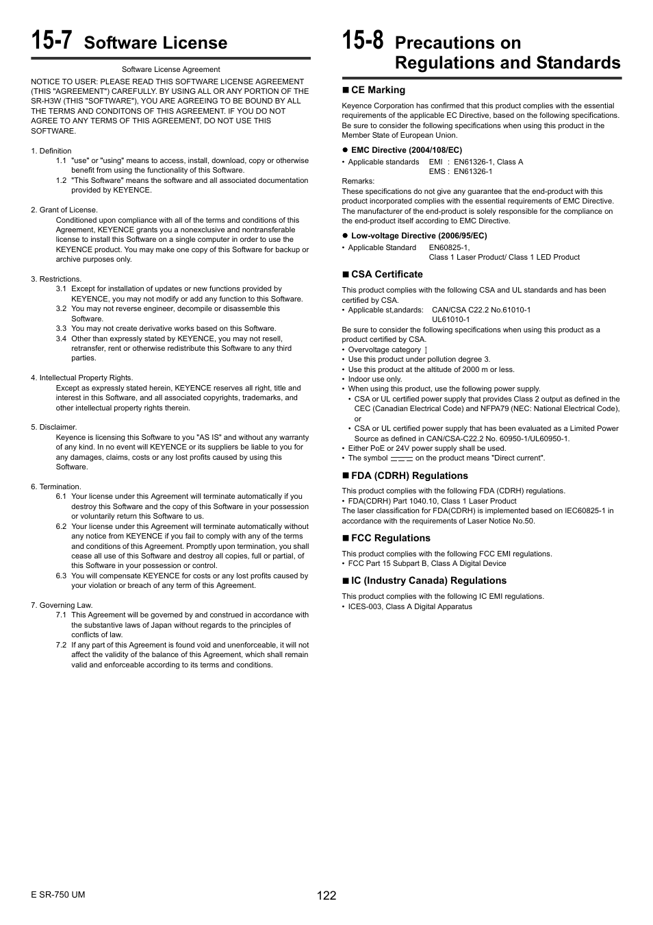 7 software license, 8 precautions on regulations and standards, Software license | Precautions on regulations and standards | KEYENCE SR-750 Series User Manual | Page 122 / 124