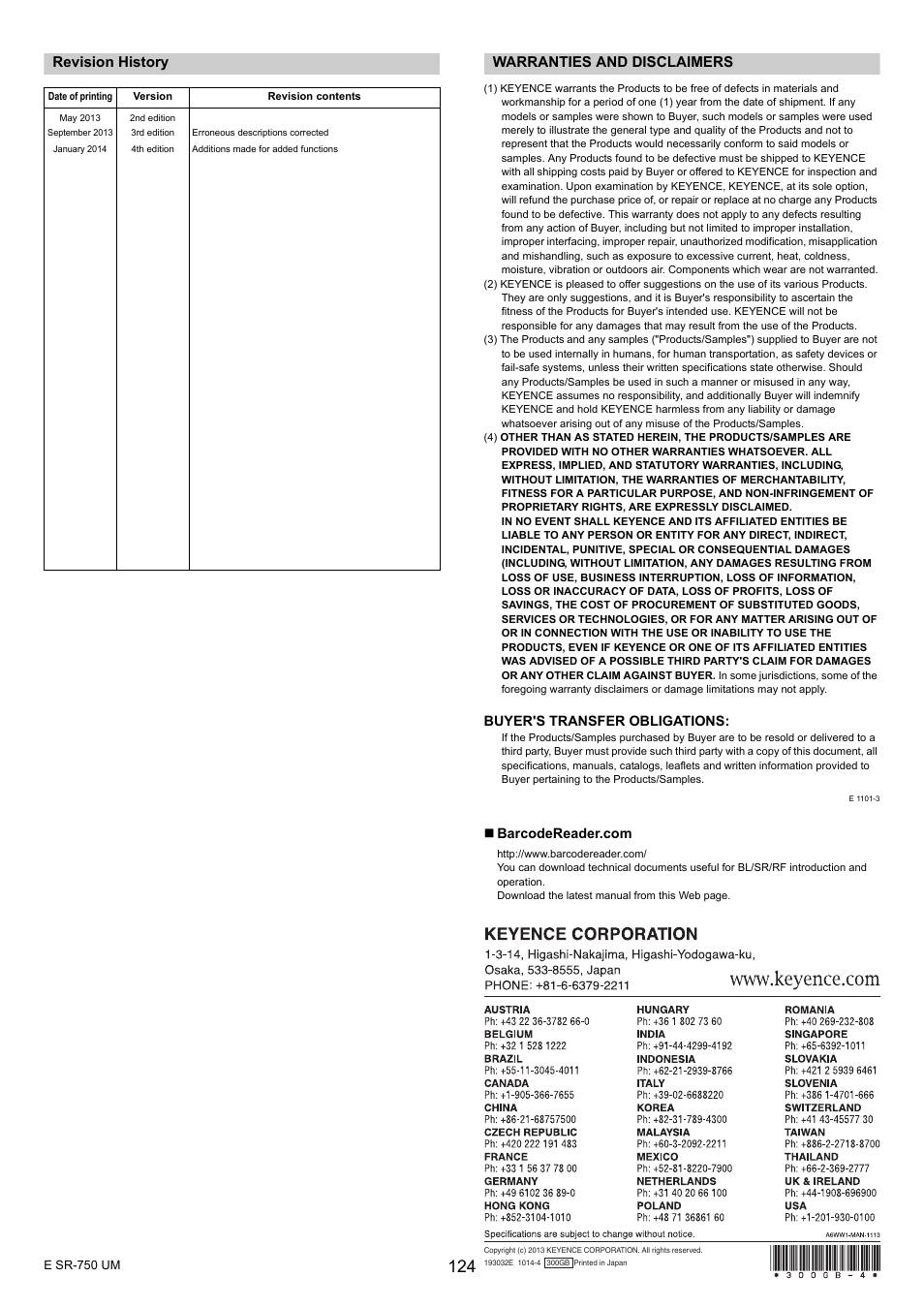 Revision history, Warranties and disclaimers | KEYENCE SR-750 Series User Manual | Page 124 / 124