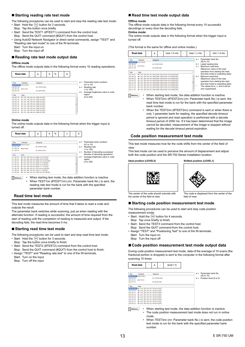 Code position measurement test mode, Read time test mode, Code position measurement test mode output data | Starting reading rate test mode, Reading rate test mode output data, Starting read time test mode, Read time test mode output data, Starting code position measurement test mode | KEYENCE SR-750 Series User Manual | Page 13 / 124