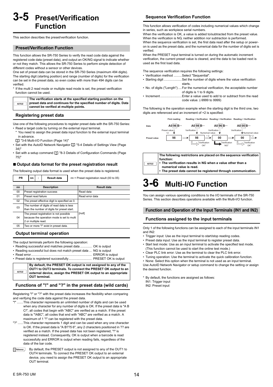 5 preset/verification function, Preset/verification function, 6 multi-i/o function | Multi-i/o function, Registering preset data, Output terminal operation, Sequence verification function | KEYENCE SR-750 Series User Manual | Page 14 / 124