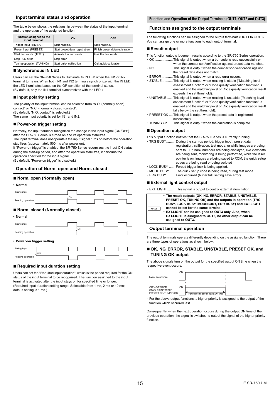 Input terminal status and operation, Operation of norm. open and norm. closed, Output terminal operation | KEYENCE SR-750 Series User Manual | Page 15 / 124