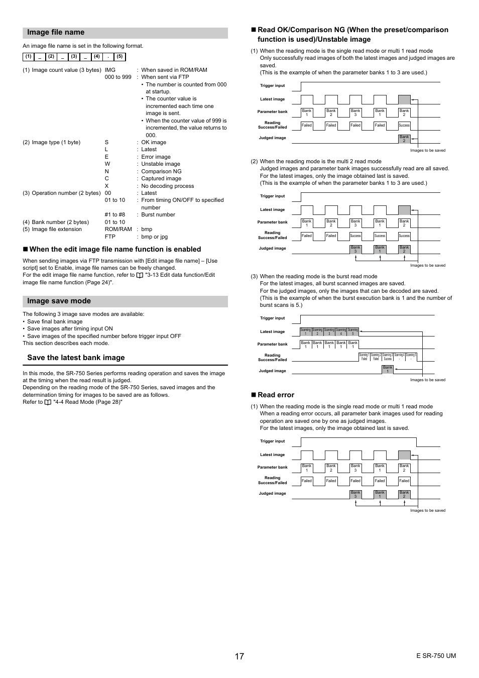 Image file name, Image save mode, Save the latest bank image | When the edit image file name function is enabled, Read error | KEYENCE SR-750 Series User Manual | Page 17 / 124