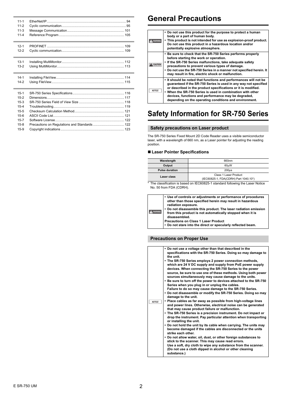 General precautions, Safety information for sr-750 series, Safety precautions on laser product | Precautions on proper use | KEYENCE SR-750 Series User Manual | Page 2 / 124