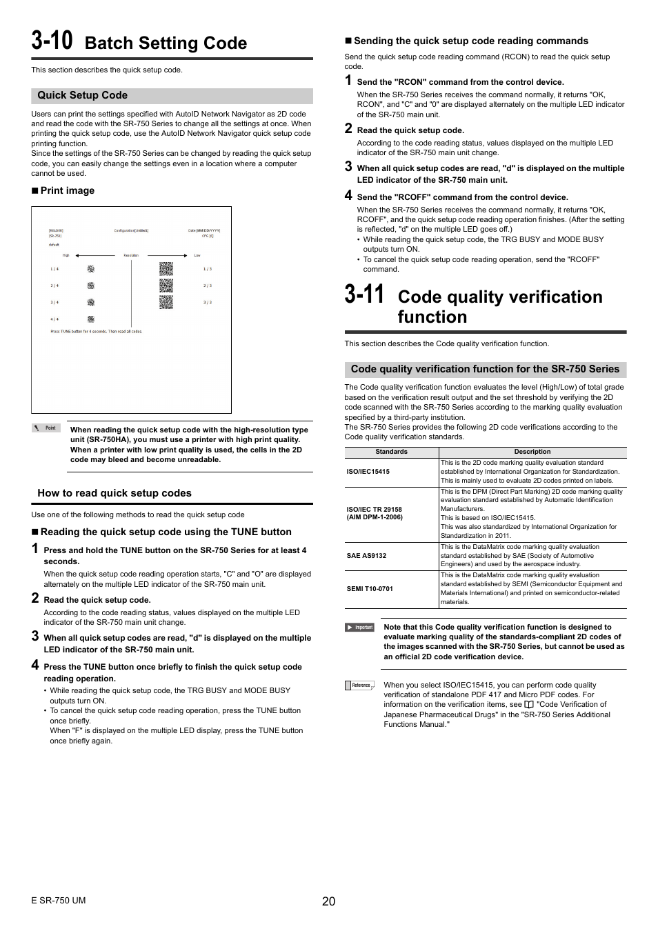 10 batch setting code, Quick setup code, 11 code quality verification function | Batch setting code, Code quality verification function | KEYENCE SR-750 Series User Manual | Page 20 / 124