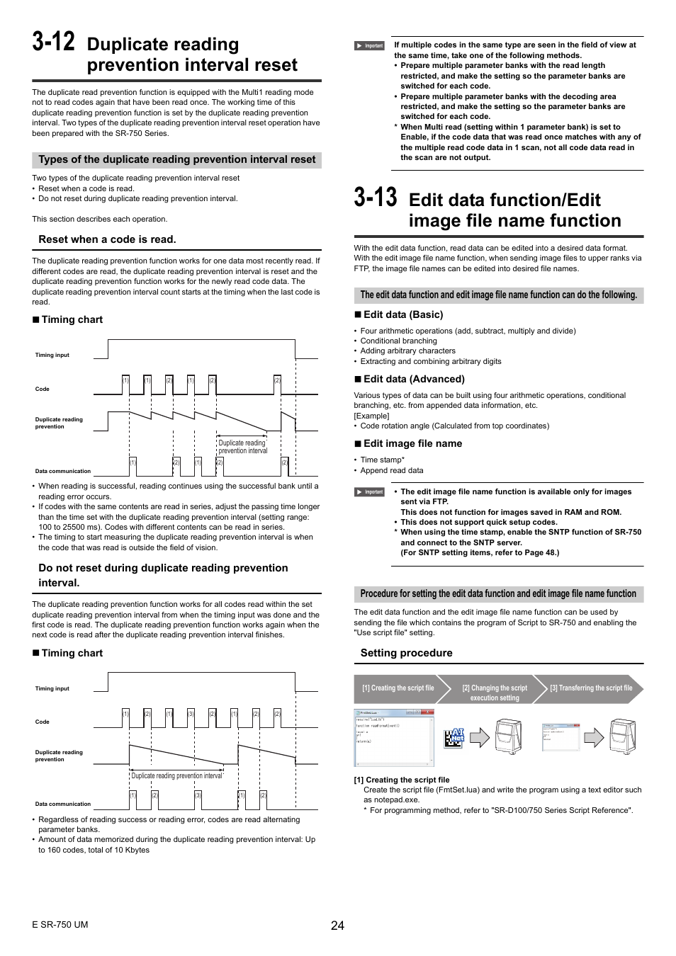 12 duplicate reading prevention interval reset, Duplicate reading prevention interval reset, Edit data function/edit image file name function | Reset when a code is read, Setting procedure | KEYENCE SR-750 Series User Manual | Page 24 / 124