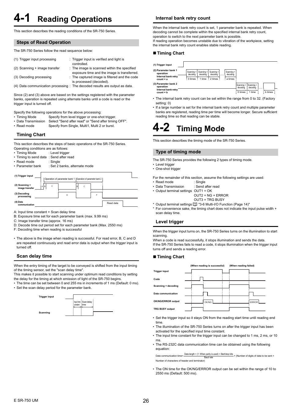 1 reading operations, Steps of read operation, 2 timing mode | Type of timing mode, Reading operations, Timing mode, Timing chart, Scan delay time, Internal bank retry count, Level trigger | KEYENCE SR-750 Series User Manual | Page 26 / 124