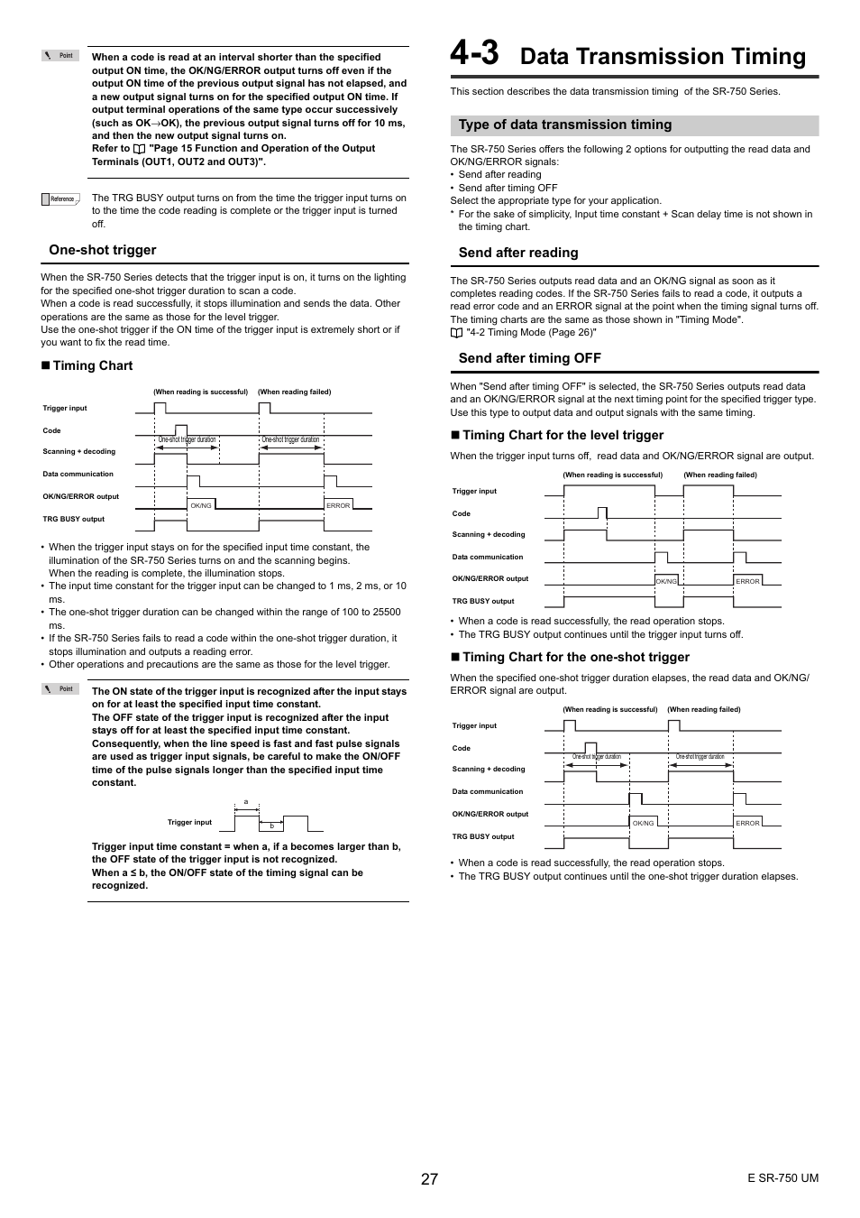 3 data transmission timing, Type of data transmission timing, Data transmission timing | One-shot trigger, Send after reading, Send after timing off, Timing chart, Timing chart for the level trigger, Timing chart for the one-shot trigger | KEYENCE SR-750 Series User Manual | Page 27 / 124