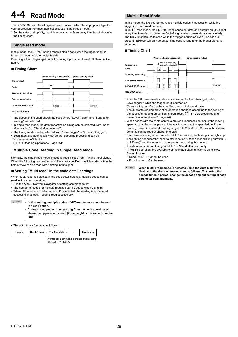 4 read mode, Single read mode, Multi 1 read mode | Read mode, Multiple code reading in single read mode, Timing chart, Setting "multi read" in the code detail settings | KEYENCE SR-750 Series User Manual | Page 28 / 124