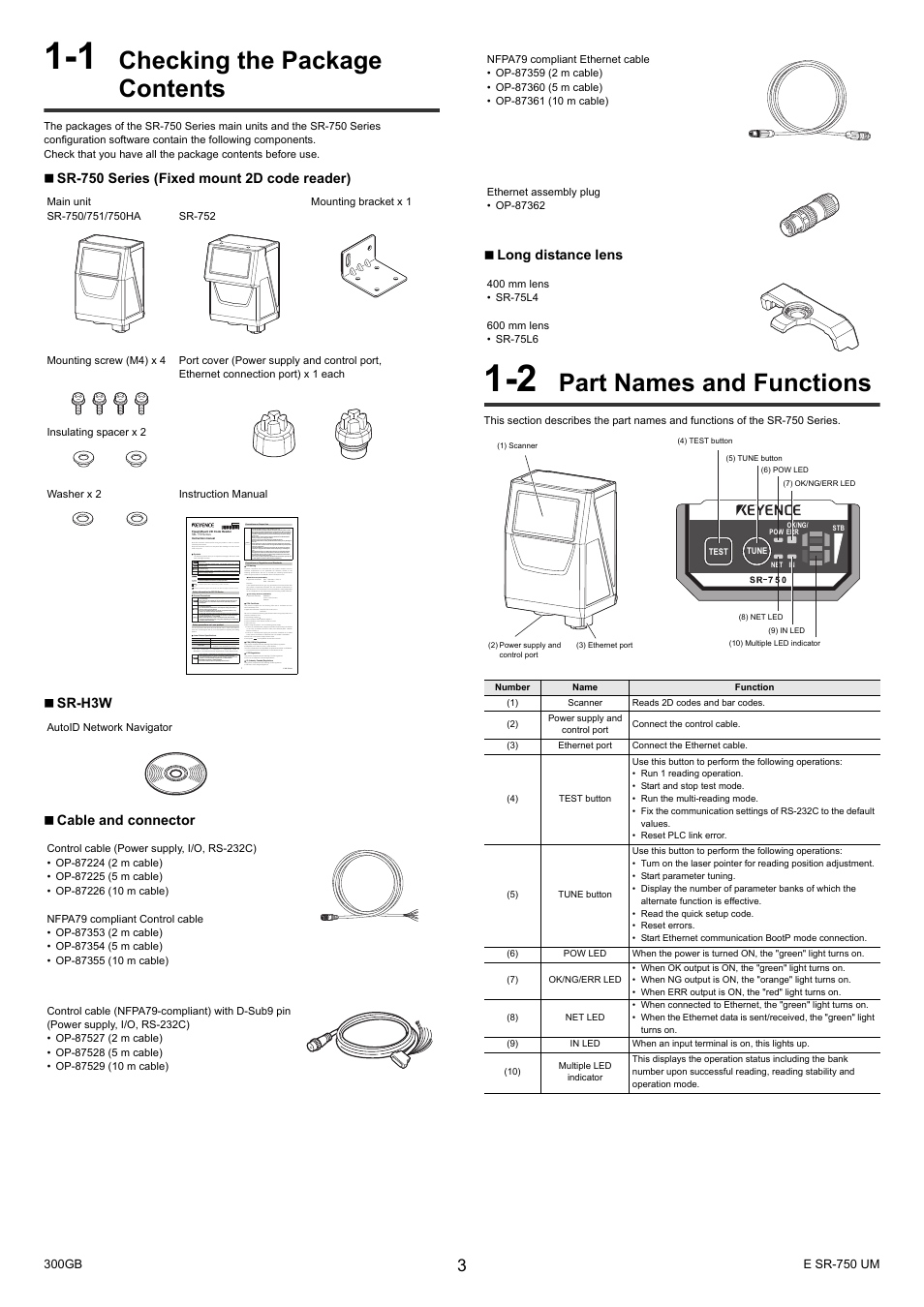 1 checking the package contents, 2 part names and functions, Checking the package contents | Part names and functions | KEYENCE SR-750 Series User Manual | Page 3 / 124