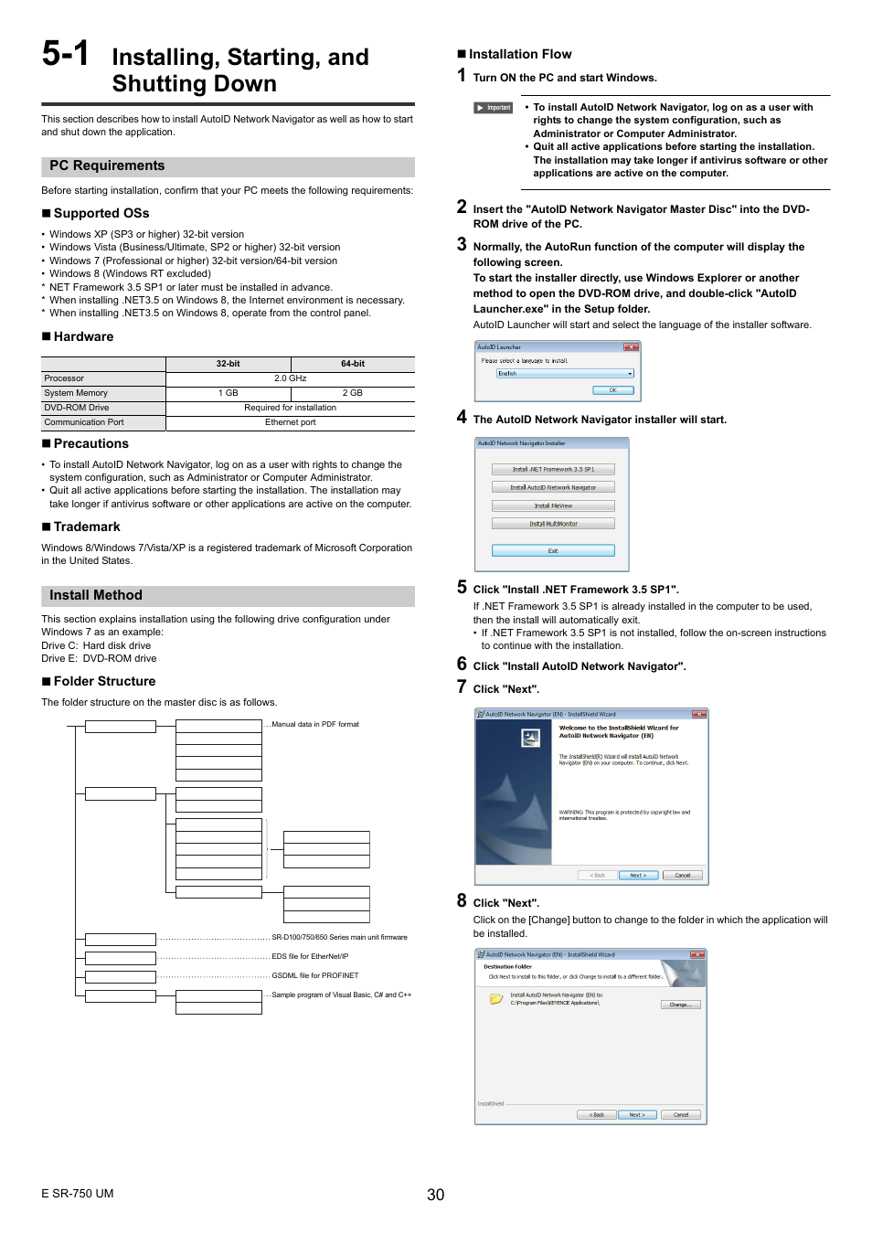 1 installing, starting, and shutting down, Pc requirements, Install method | Installing, starting, and shutting down | KEYENCE SR-750 Series User Manual | Page 30 / 124