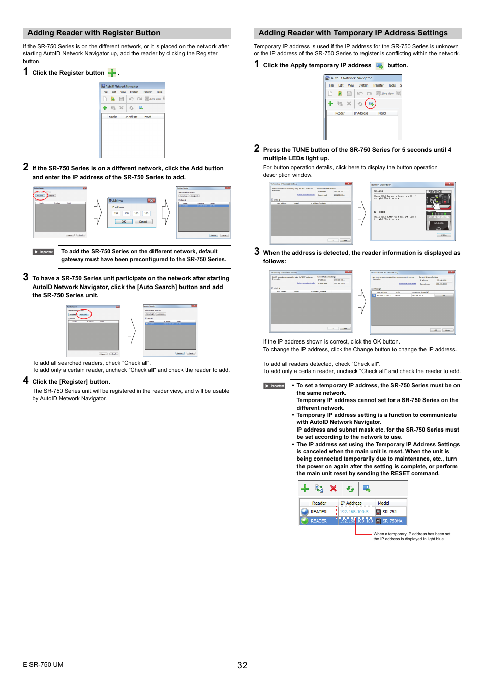 Adding reader with register button, Adding reader with temporary ip address settings | KEYENCE SR-750 Series User Manual | Page 32 / 124