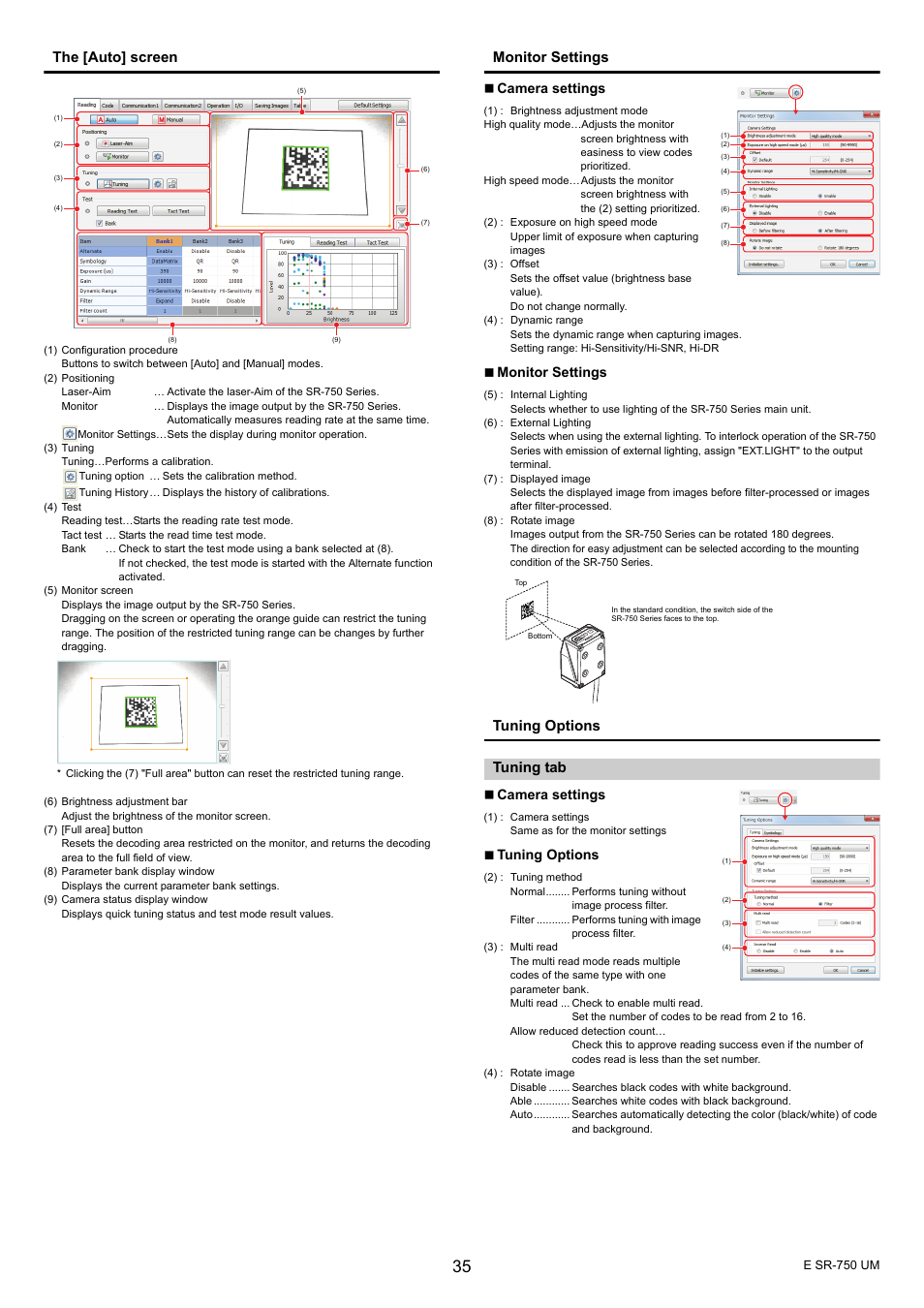 Tuning tab, The [auto] screen, Monitor settings | Tuning options tuning tab | KEYENCE SR-750 Series User Manual | Page 35 / 124