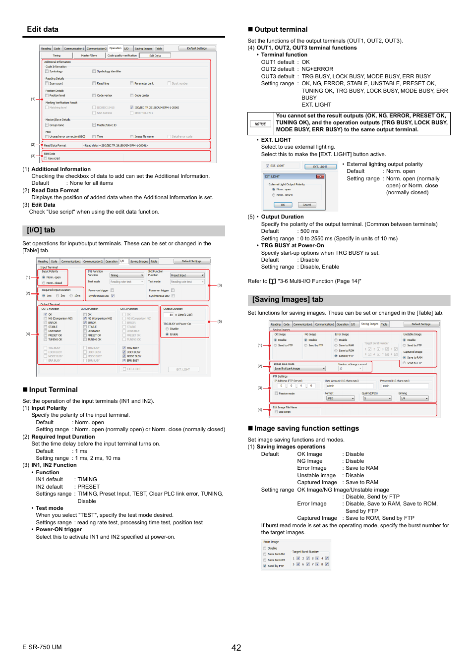 I/o] tab, Saving images] tab, Edit data | KEYENCE SR-750 Series User Manual | Page 42 / 124