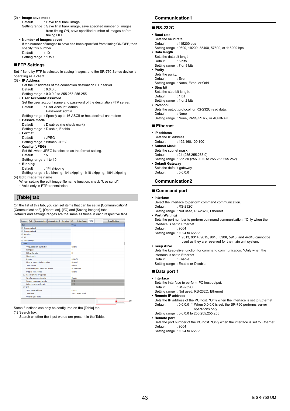 Table] tab, Communication1, Communication2 | KEYENCE SR-750 Series User Manual | Page 43 / 124