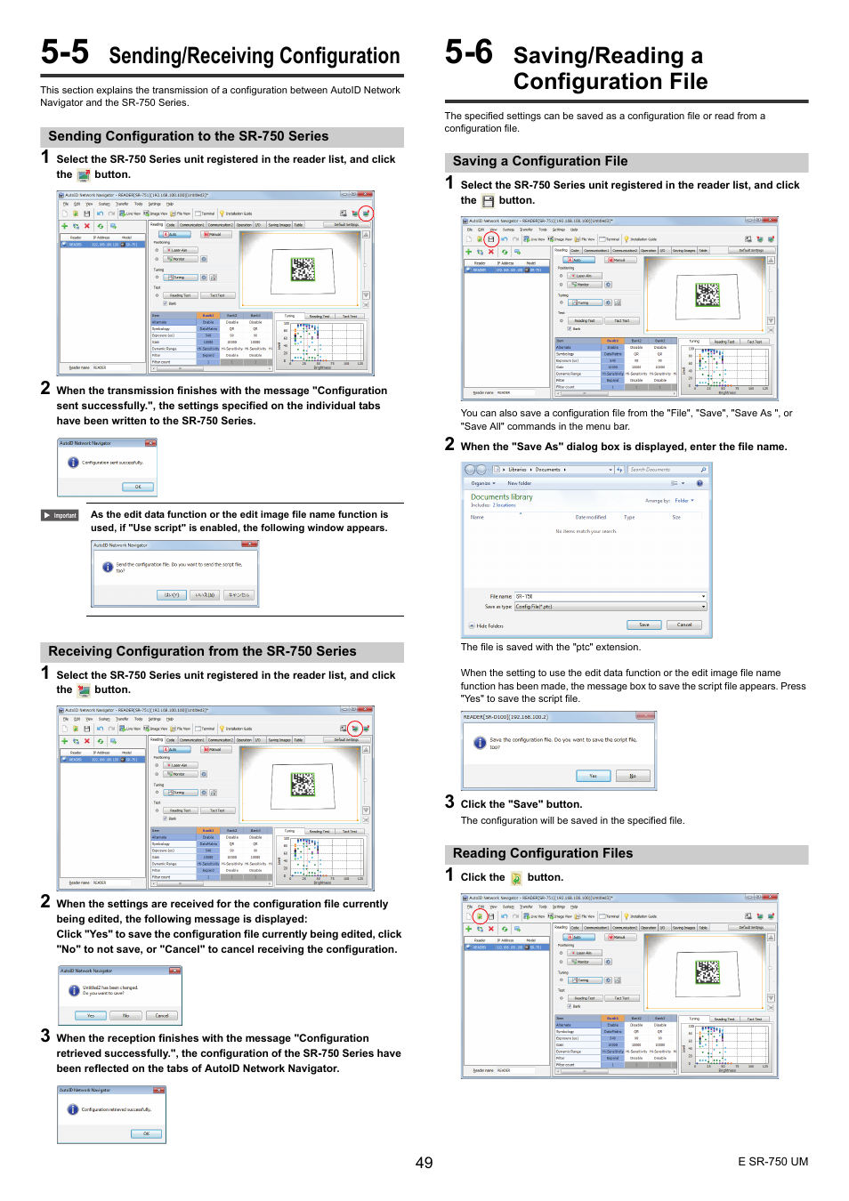 5 sending/receiving configuration, Sending configuration to the sr-750 series, Receiving configuration from the sr-750 series | 6 saving/reading a configuration file, Saving a configuration file, Reading configuration files, Sending/receiving configuration, Saving/reading a configuration file | KEYENCE SR-750 Series User Manual | Page 49 / 124