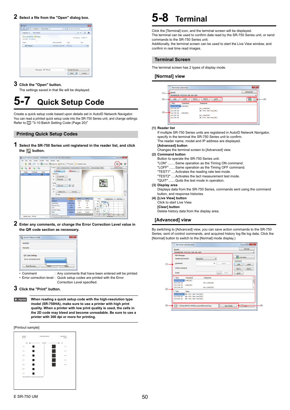 7 quick setup code, Printing quick setup codes, 8 terminal | Terminal screen, Quick setup code, Terminal | KEYENCE SR-750 Series User Manual | Page 50 / 124