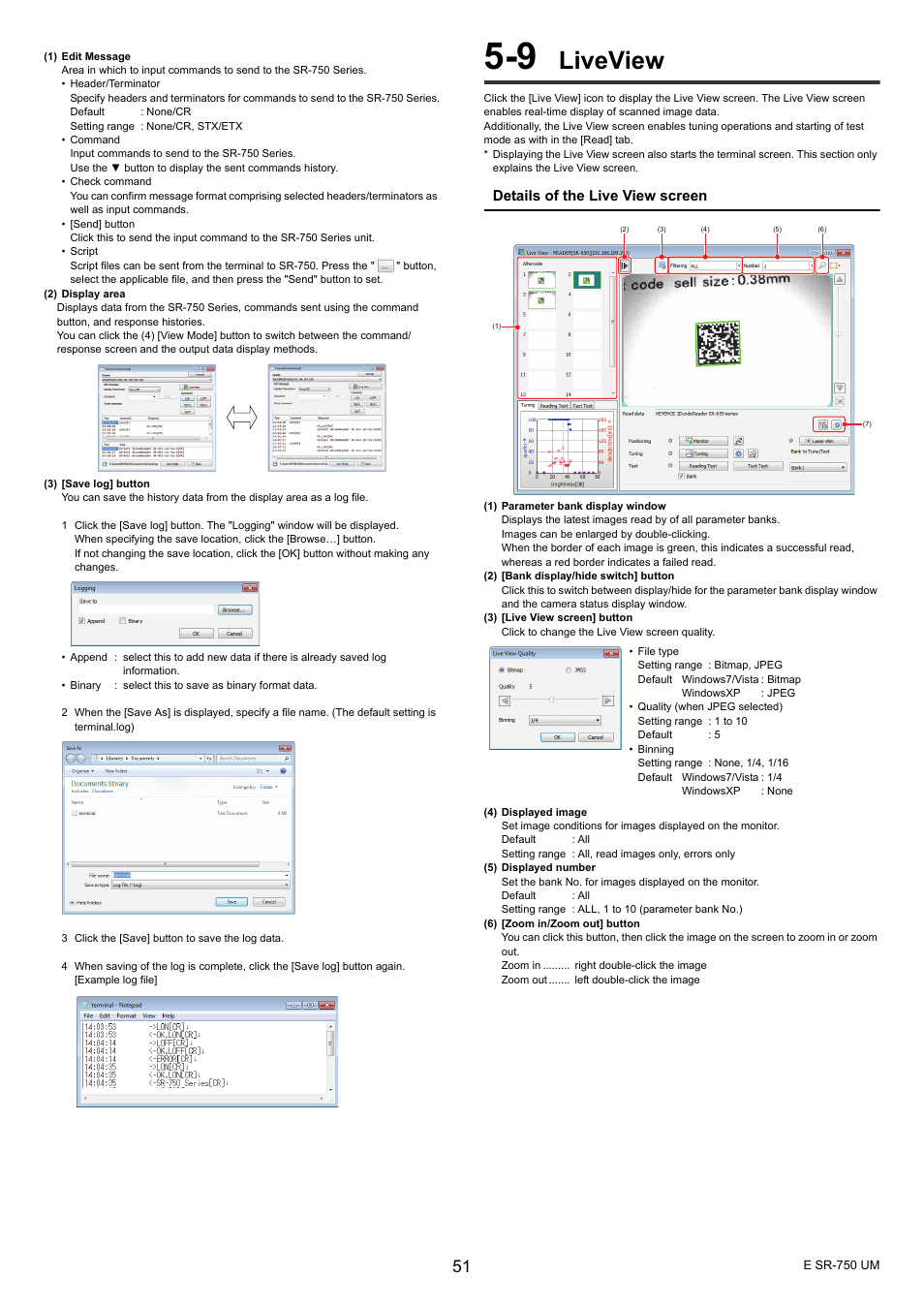 9 liveview, Liveview, Details of the live view screen | KEYENCE SR-750 Series User Manual | Page 51 / 124