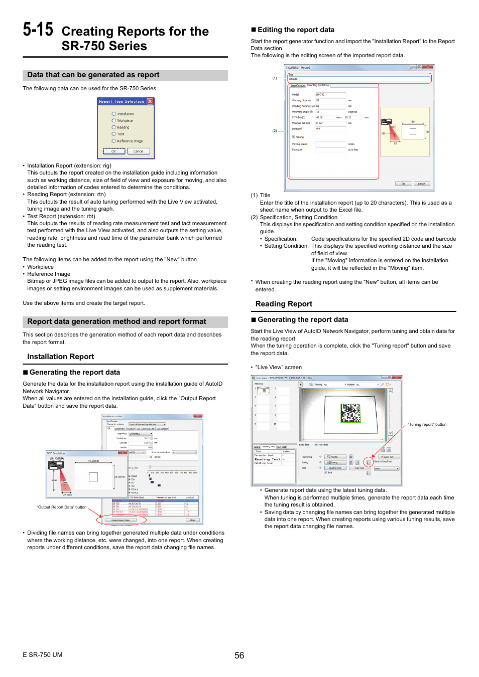 15 creating reports for the sr-750 series, Data that can be generated as report, Report data generation method and report format | Creating reports for the sr-750 series | KEYENCE SR-750 Series User Manual | Page 56 / 124