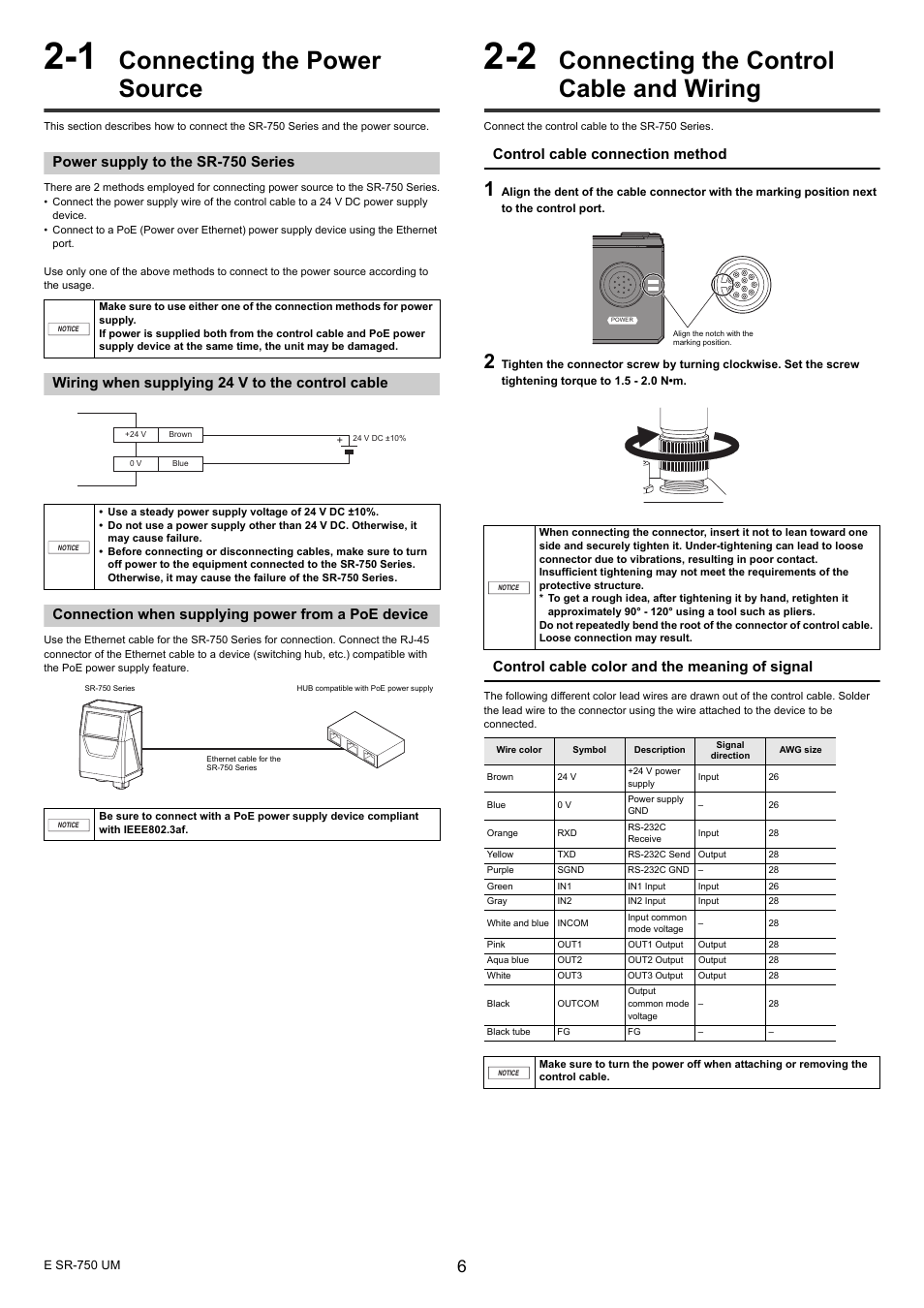 1 connecting the power source, Power supply to the sr-750 series, Wiring when supplying 24 v to the control cable | Connection when supplying power from a poe device, 2 connecting the control cable and wiring, Connecting the power source, Connecting the control cable and wiring, Control cable connection method, Control cable color and the meaning of signal | KEYENCE SR-750 Series User Manual | Page 6 / 124