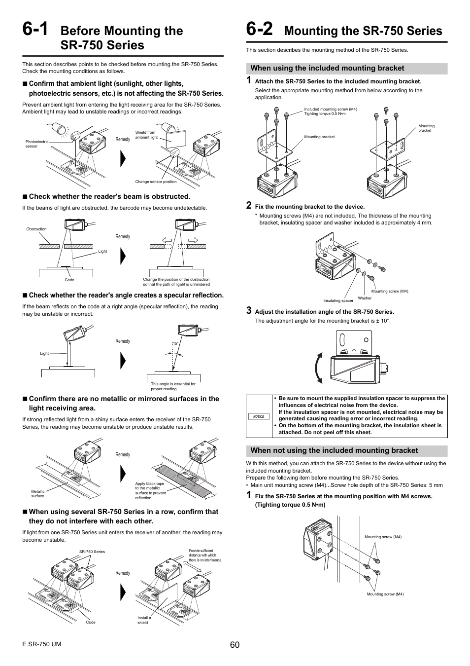 1 before mounting the sr-750 series, 2 mounting the sr-750 series, When using the included mounting bracket | When not using the included mounting bracket, Before mounting the sr-750 series, Mounting the sr-750 series | KEYENCE SR-750 Series User Manual | Page 60 / 124