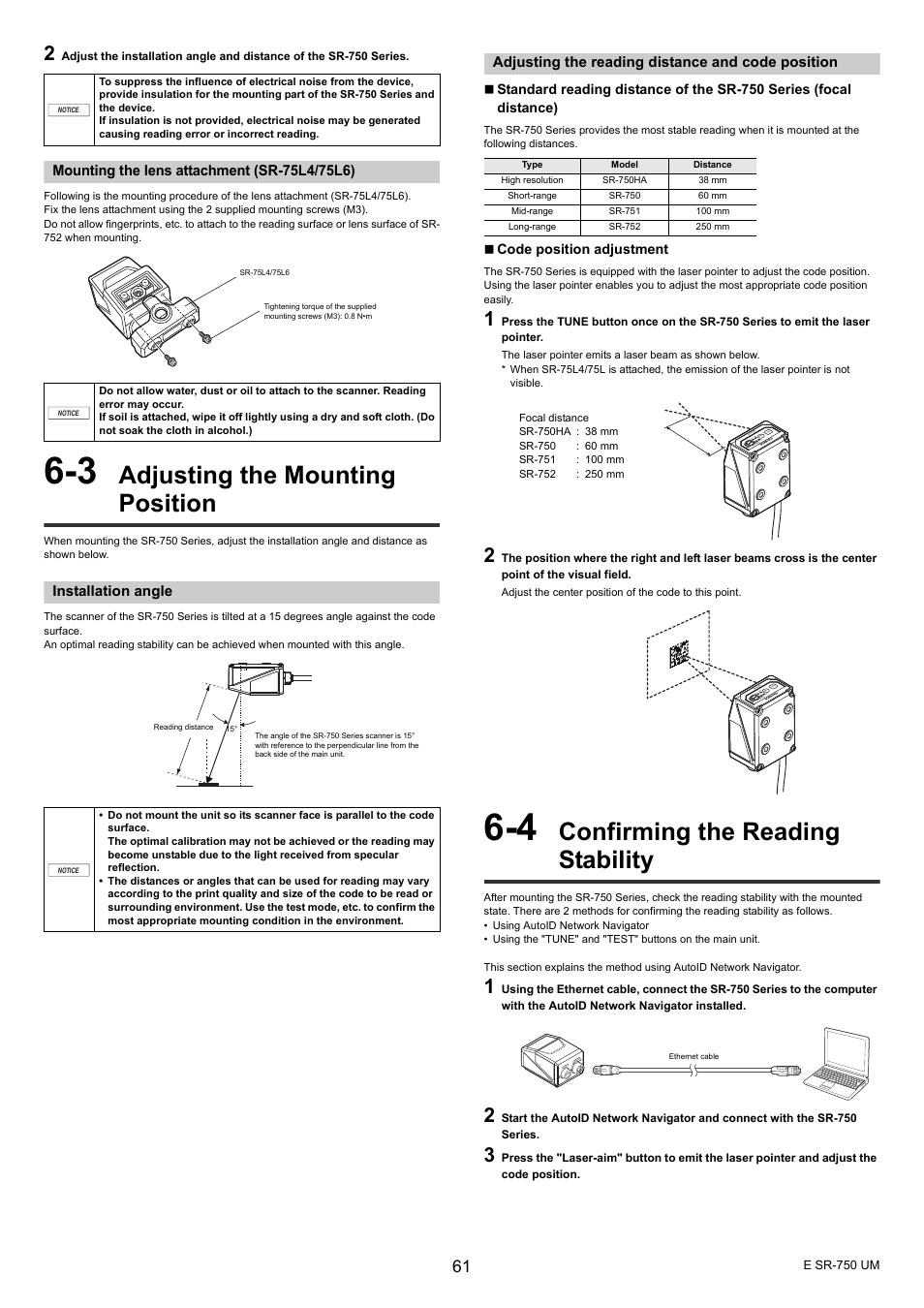 Mounting the lens attachment (sr-75l4/75l6), 3 adjusting the mounting position, Installation angle | Adjusting the reading distance and code position, 4 confirming the reading stability, Adjusting the mounting position, Confirming the reading stability | KEYENCE SR-750 Series User Manual | Page 61 / 124