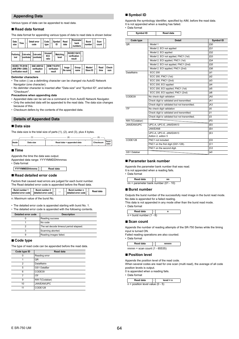 Appending data, Details of appended data, Read data format | Data size, Time, Read detailed error code, Code type, Symbol id, Parameter bank number, Burst number | KEYENCE SR-750 Series User Manual | Page 64 / 124