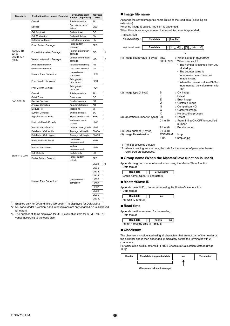 Image file name, Master/slave id, Read time | Checksum | KEYENCE SR-750 Series User Manual | Page 66 / 124