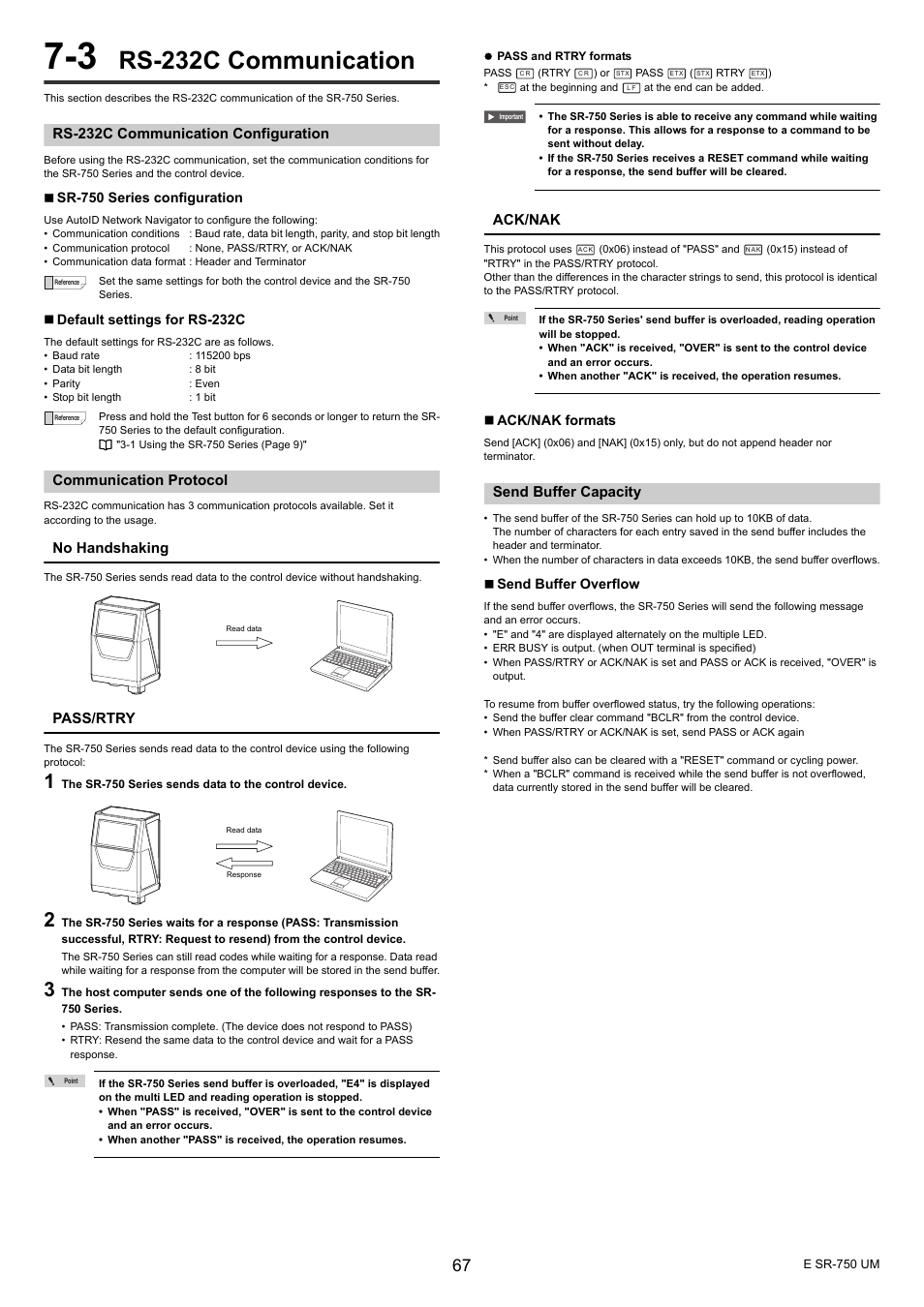 3 rs-232c communication, Rs-232c communication configuration, Communication protocol | Send buffer capacity, Rs-232c communication, No handshaking, Pass/rtry, Ack/nak | KEYENCE SR-750 Series User Manual | Page 67 / 124