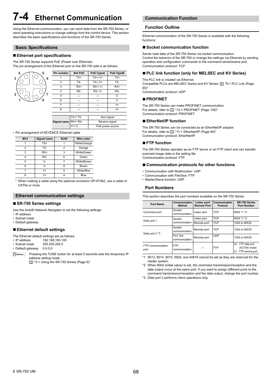 4 ethernet communication, Basic specifications, Ethernet communication settings | Communication function, Ethernet communication, Communication function function outline, Port numbers, Ethernet port specifications, Sr-750 series settings, Ethernet default settings | KEYENCE SR-750 Series User Manual | Page 68 / 124