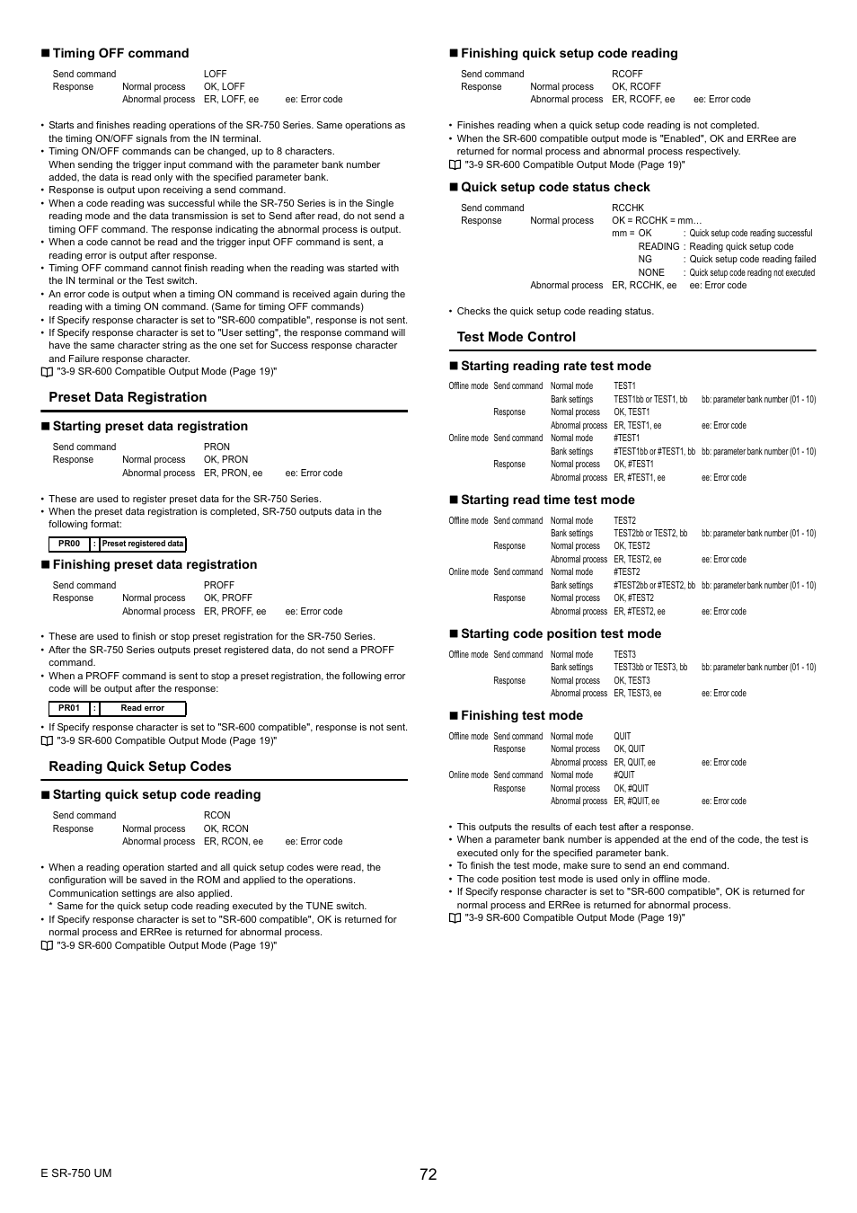 Preset data registration, Reading quick setup codes, Test mode control | KEYENCE SR-750 Series User Manual | Page 72 / 124