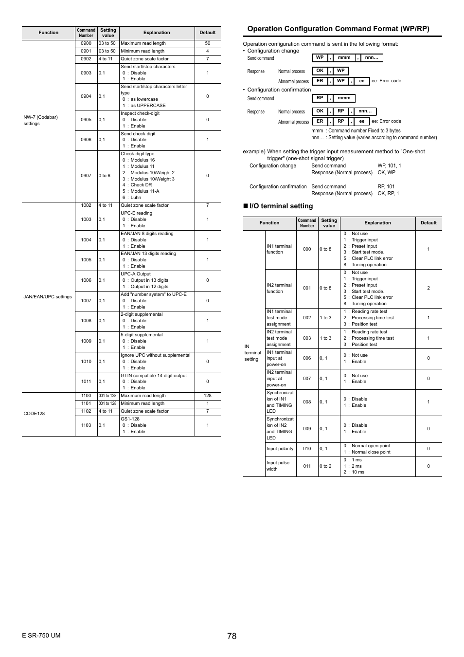 Operation configuration command format (wp/rp), I/o terminal setting | KEYENCE SR-750 Series User Manual | Page 78 / 124