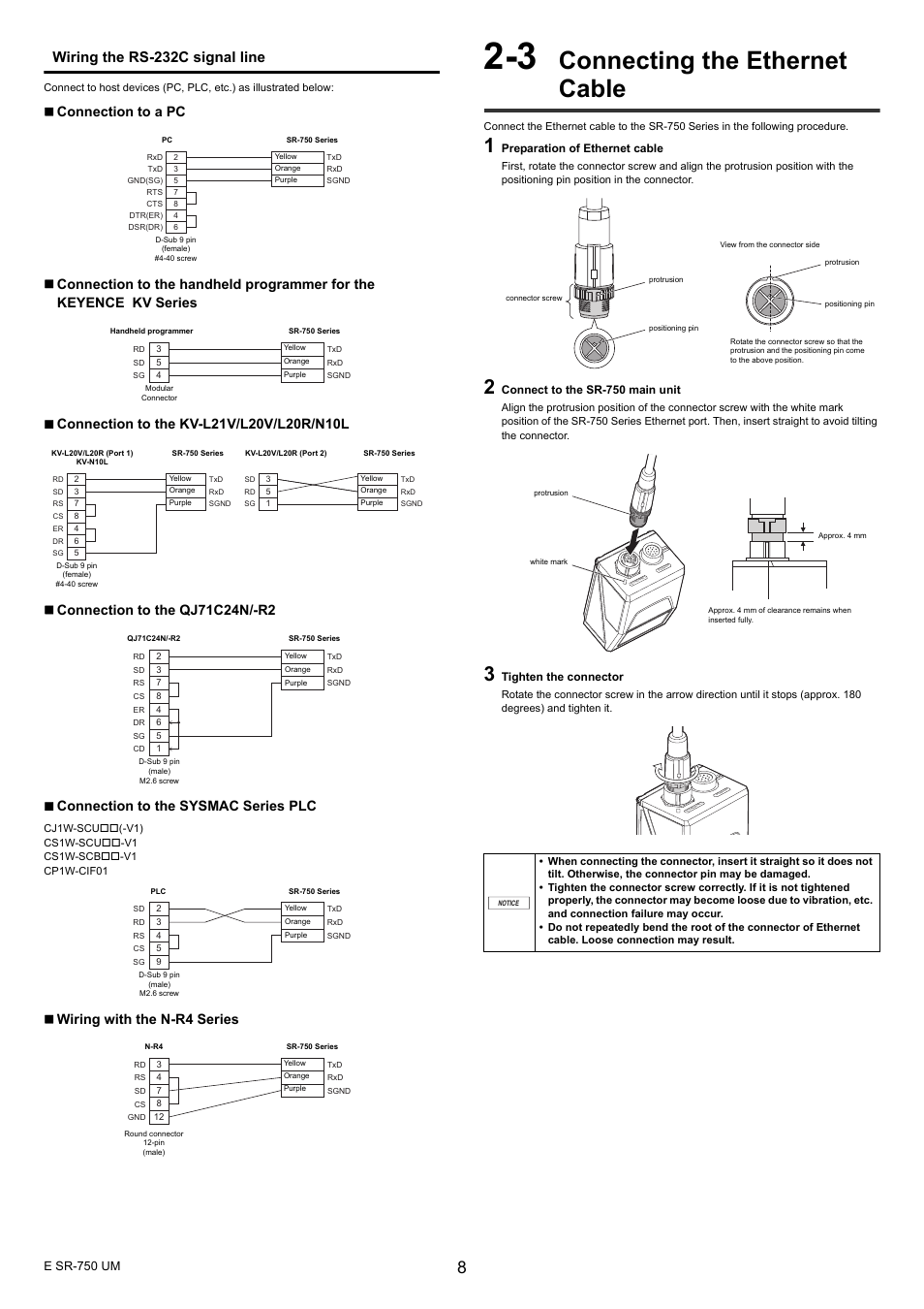 3 connecting the ethernet cable, Connecting the ethernet cable, Wiring the rs-232c signal line | Wiring with the n-r4 series | KEYENCE SR-750 Series User Manual | Page 8 / 124