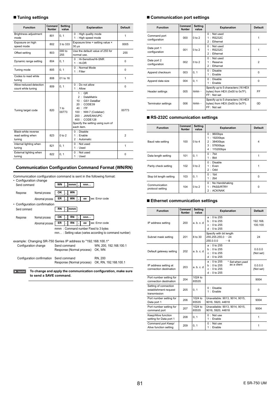 Communication configuration command format (wn/rn), Tuning settings | KEYENCE SR-750 Series User Manual | Page 81 / 124