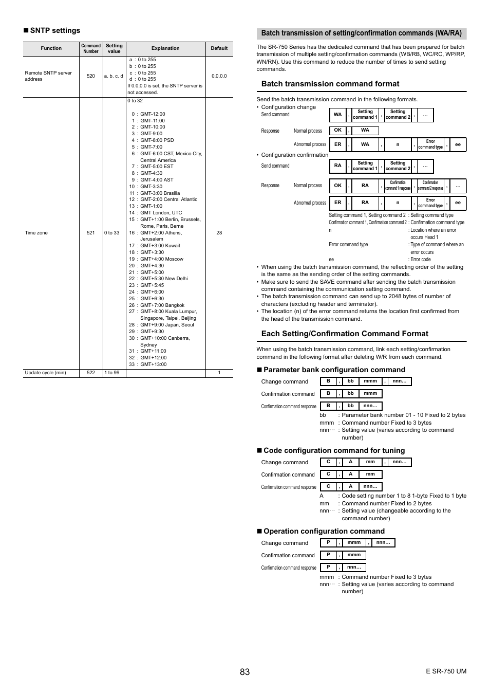 Batch transmission command format, Each setting/confirmation command format, Sntp settings | Parameter bank configuration command, Code configuration command for tuning, Operation configuration command | KEYENCE SR-750 Series User Manual | Page 83 / 124
