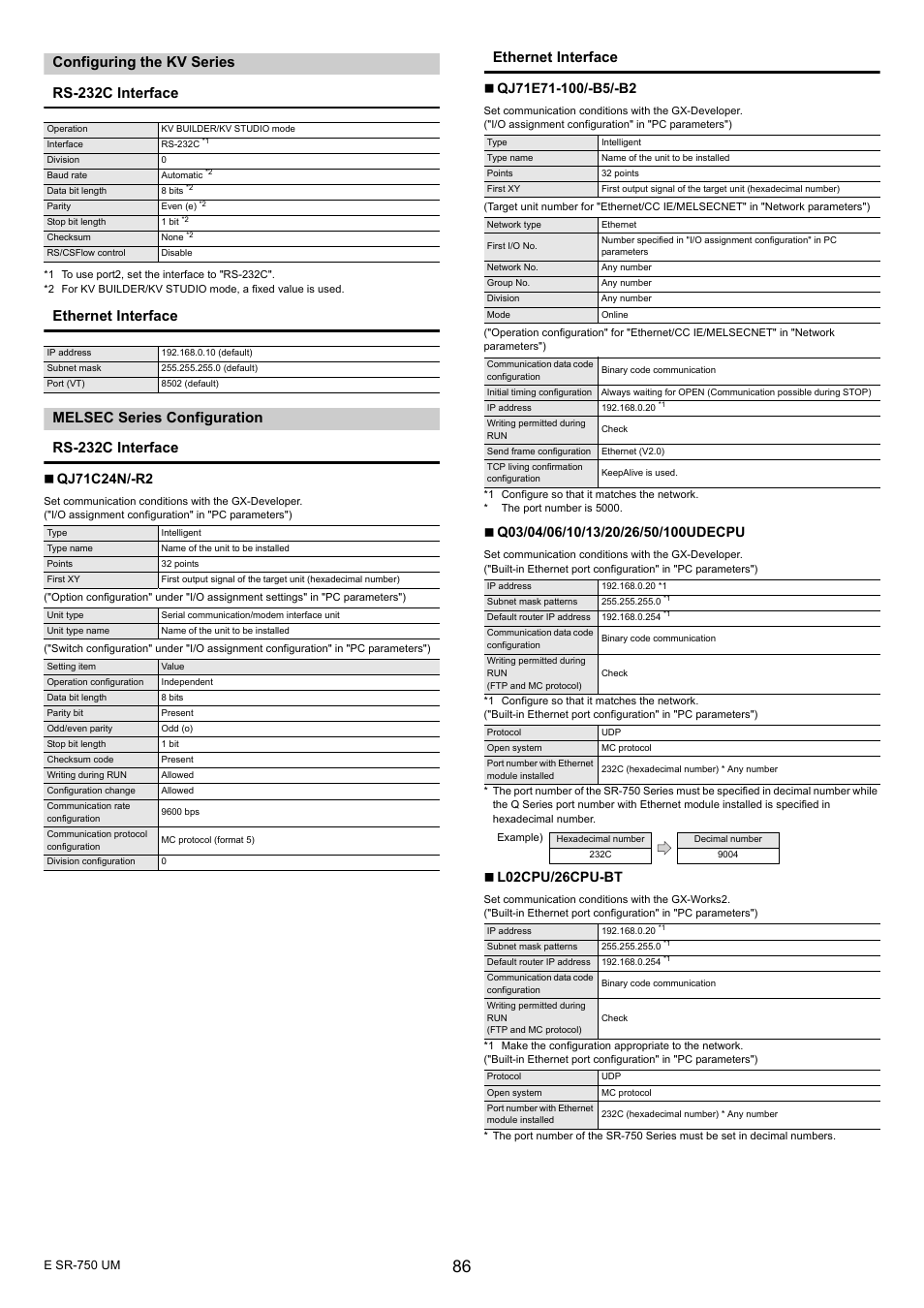 Configuring the kv series, Melsec series configuration, Configuring the kv series rs-232c interface | Ethernet interface, L02cpu/26cpu-bt | KEYENCE SR-750 Series User Manual | Page 86 / 124