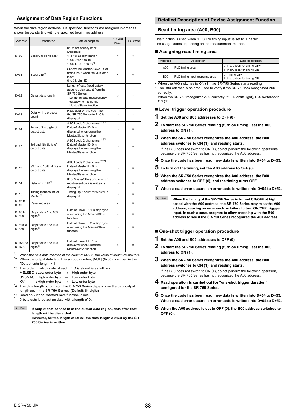 Detailed description of device assignment function, Assignment of data region functions, Assigning read timing area | Level trigger operation procedure, One-shot trigger operation procedure | KEYENCE SR-750 Series User Manual | Page 88 / 124