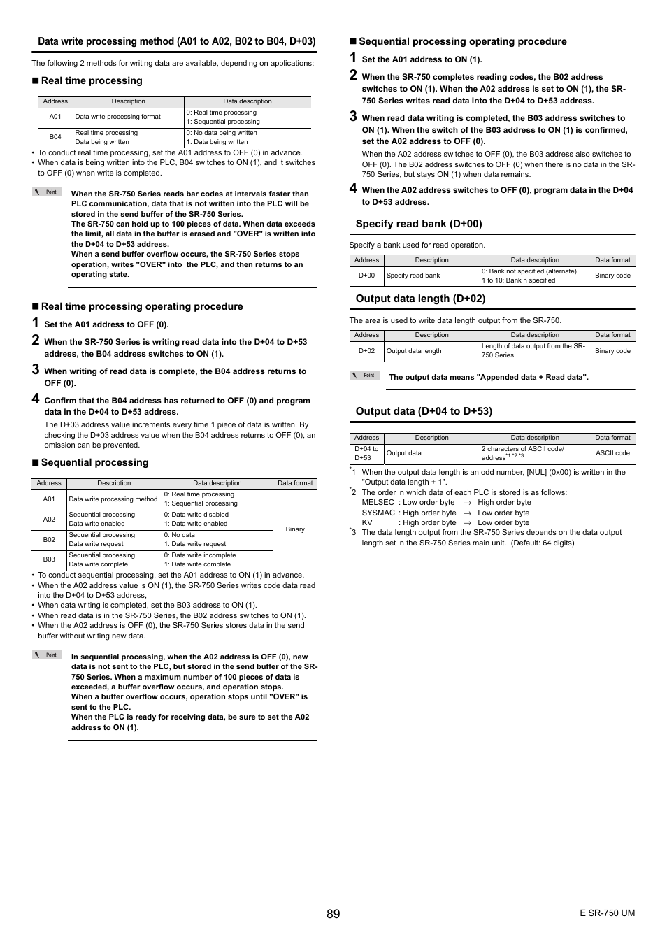 Specify read bank (d+00), Output data length (d+02), Output data (d+04 to d+53) | KEYENCE SR-750 Series User Manual | Page 89 / 124