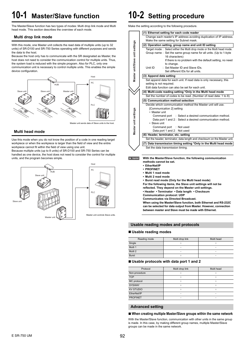 1 master/slave function, 2 setting procedure, Usable reading modes and protocols | Advanced setting, Master/slave function, Setting procedure | KEYENCE SR-750 Series User Manual | Page 92 / 124