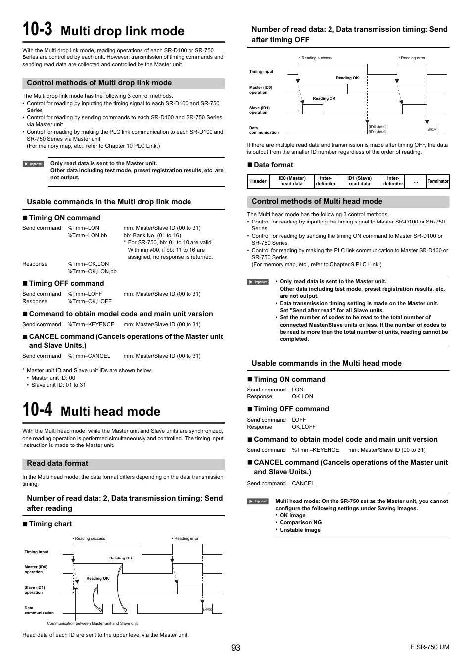 3 multi drop link mode, Control methods of multi drop link mode, 4 multi head mode | Read data format, Control methods of multi head mode, Multi drop link mode, Multi head mode, Usable commands in the multi drop link mode, Usable commands in the multi head mode | KEYENCE SR-750 Series User Manual | Page 93 / 124
