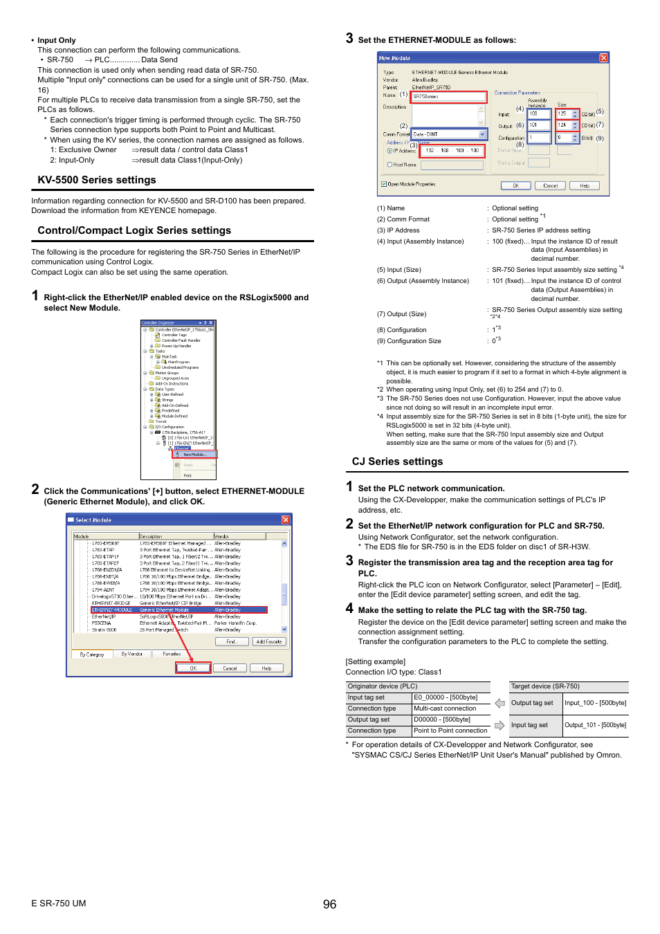 Kv-5500 series settings, Control/compact logix series settings, Cj series settings | KEYENCE SR-750 Series User Manual | Page 96 / 124