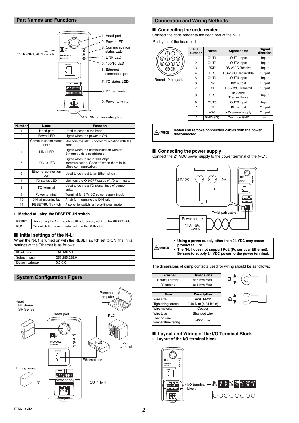 Part names and functions, Initial settings of the n-l1, System configuration figure | Connection and wiring methods, Connecting the code reader, Connecting the power supply, Layout and wiring of the i/o terminal block, Kv -b16xc | KEYENCE N-L1 User Manual | Page 2 / 4