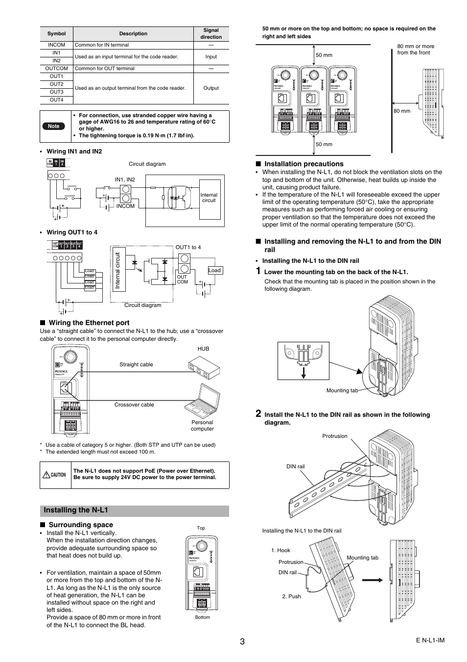 Wiring the ethernet port, Installing the n-l1, Surrounding space | Installation precautions | KEYENCE N-L1 User Manual | Page 3 / 4
