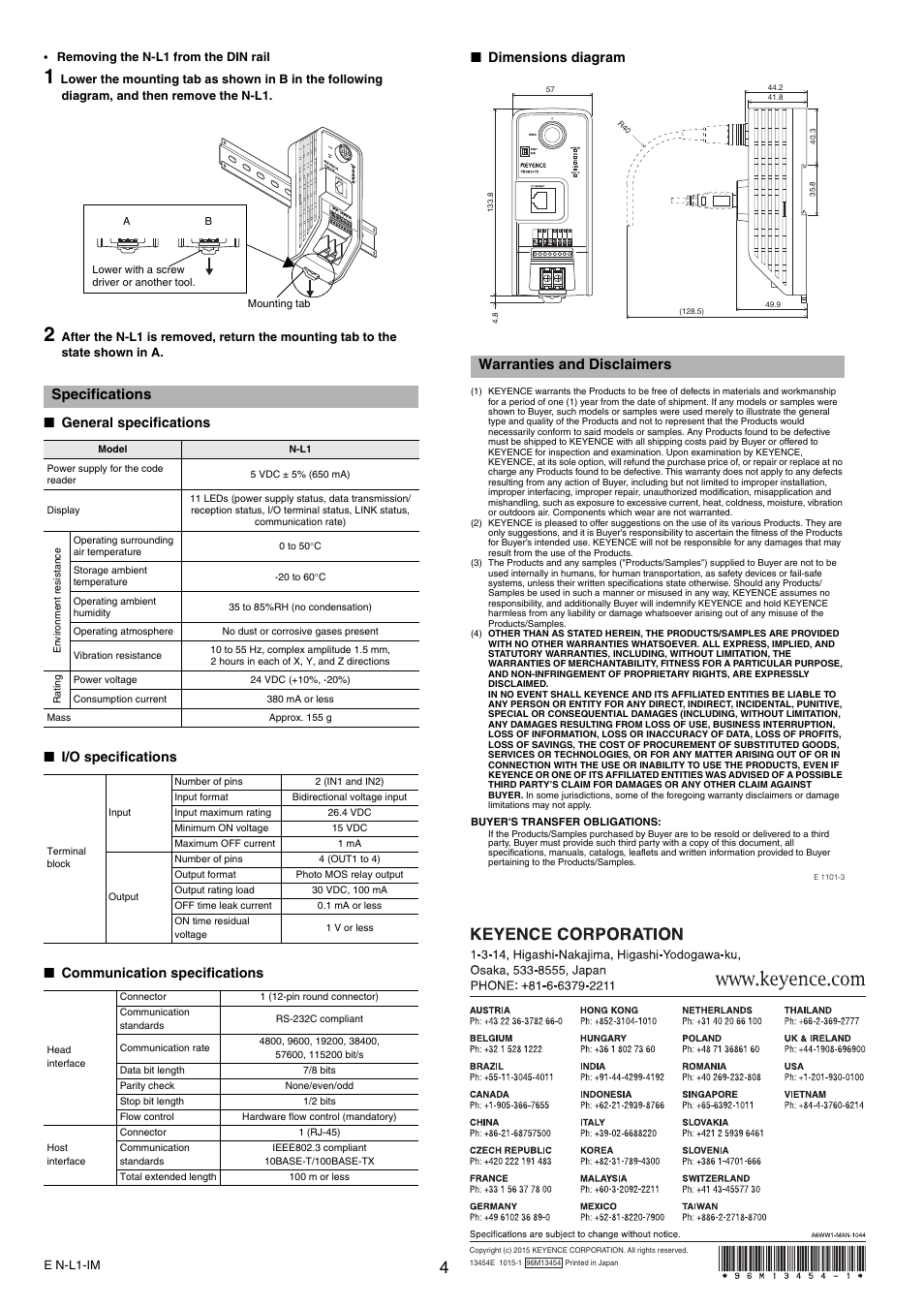 Specifications, General specifications, I/o specifications | Communication specifications, Dimensions diagram, Warranties and disclaimers | KEYENCE N-L1 User Manual | Page 4 / 4