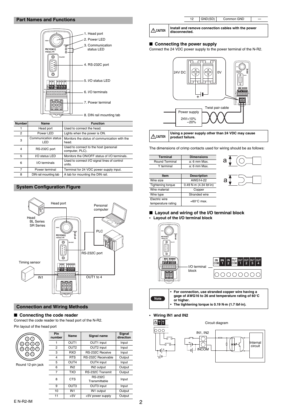 Part names and functions, System configuration figure, Connection and wiring methods | Connecting the code reader, Connecting the power supply, Layout and wiring of the i/o terminal block, Kv -b1 6xc | KEYENCE N-R2 User Manual | Page 2 / 4