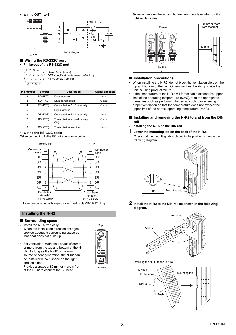 Wiring the rs-232c port, Installing the n-r2, Surrounding space | Installation precautions | KEYENCE N-R2 User Manual | Page 3 / 4