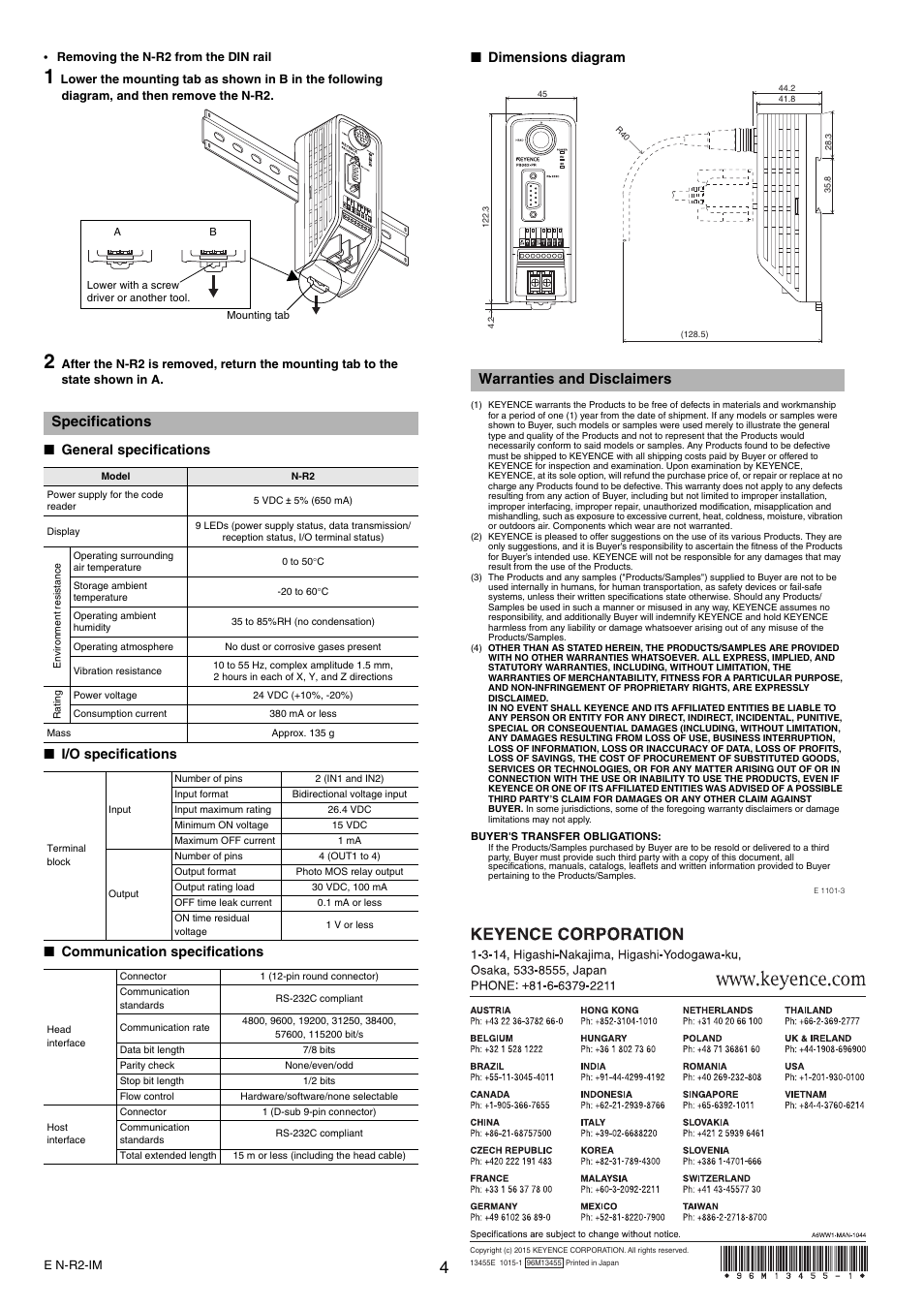 Specifications, General specifications, I/o specifications | Communication specifications, Dimensions diagram, Warranties and disclaimers | KEYENCE N-R2 User Manual | Page 4 / 4