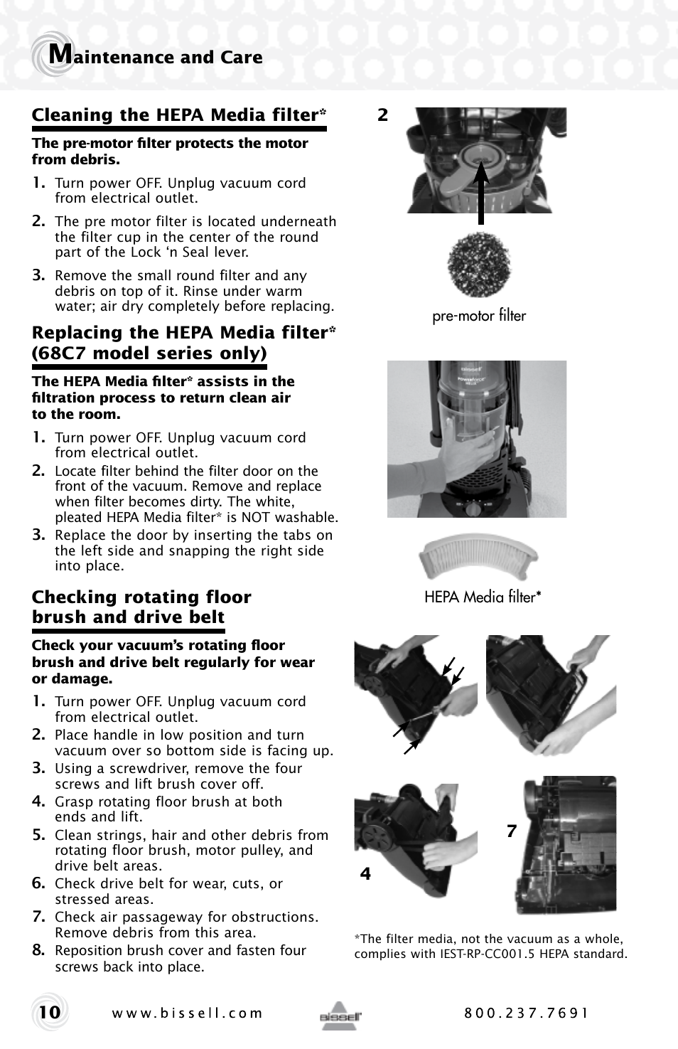 Aintenance and care cleaning the hepa media filter, Checking rotating floor brush and drive belt | Bissell Powerforce HELIX 12B1 series User Manual | Page 10 / 16