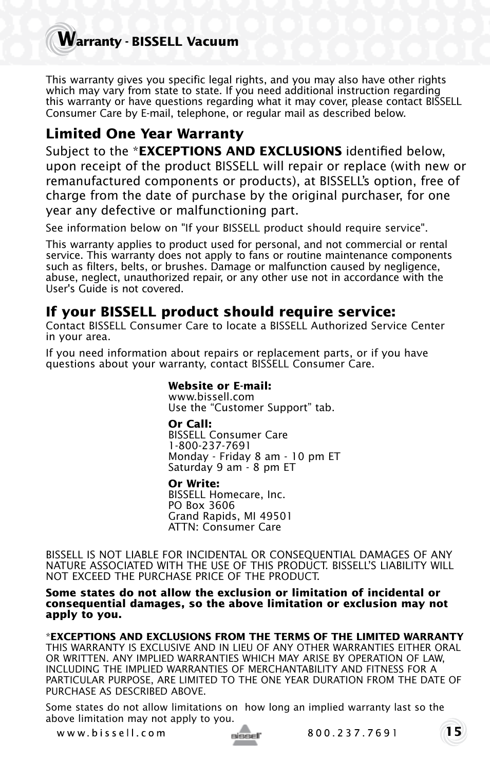 Limited one year warranty, If your bissell product should require service | Bissell Powerforce HELIX 12B1 series User Manual | Page 15 / 16